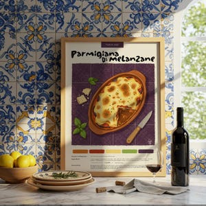 Parmigiana di Melanzane italiana / Cartel de cocina / Cartel de comida / Lápiz pastel / Impresión italiana / Decoración de restaurante / Receta de comida / Home Deco