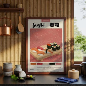 Póster de cocina de sushi japonesa / Póster de comida / Lápiz pastel / Póster de cocina / Impresión japonesa / Decoración de restaurante / Receta de comida
