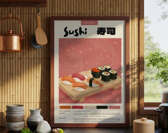 Plakat „Sushi Kitchen”: japońska sztuka kulinarna, wydruk pastelowymi ołówkami