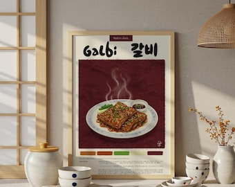 Koreański plakat Galbi: wydruk artystyczny BBQ wykonany pastelową kredką