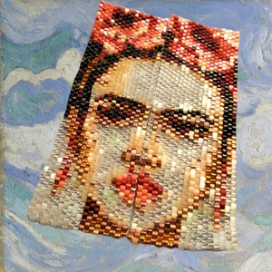 May include: A pair of beaded earrings featuring a portrait of Frida Kahlo with a red flower crown. The earrings are made with small, colorful beads and have a pixelated appearance.