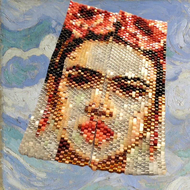 May include: A pair of beaded earrings featuring a portrait of Frida Kahlo with a red flower crown. The earrings are made with small, colorful beads and have a pixelated appearance.