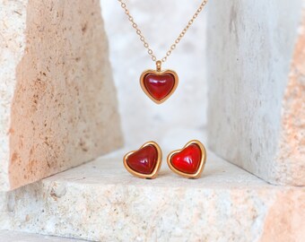 Carnelian Red Heart Necklace and Earring Set – A Radiant Carnelian Stone Gift for Her - Christmas Gift, Stocking Stuffer & Secret Santa