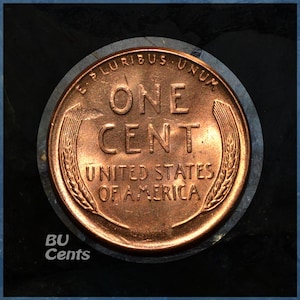 May include: A copper-colored United States one-cent coin, featuring the words "ONE CENT" and "UNITED STATES OF AMERICA." The coin is surrounded by a dark gray circle and set against a black background. The text "BU Cents" is in the lower left corner.