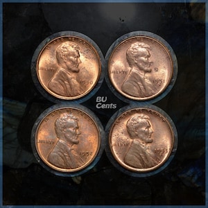 May include: Four copper-colored Lincoln pennies from 1950, 1951, 1952, and 1953, each in a circular holder. The text "IN GOD WE TRUST" and "LIBERTY" are visible on the coins. The text "BU Cents" is also visible.