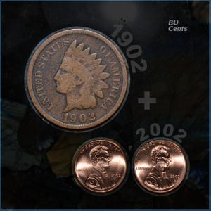 May include: A copper-colored 1902 Indian Head penny and two 2002 Lincoln pennies. The 1902 penny features a profile of a Native American in a headdress. The 2002 pennies show a profile of Abraham Lincoln. The text "BU Cents" is visible.