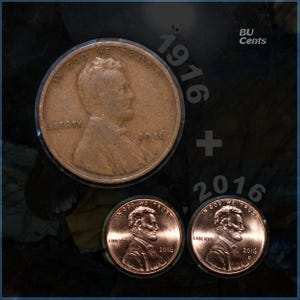 May include: A collection of copper-colored Lincoln pennies. One large penny from 1916 is displayed above two smaller pennies from 2016. The text "BU Cents" and the years 1916 and 2016 are also visible.