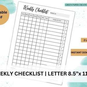 Weekly Checklist Printable: To Do List, Task Planner (Digital Download)