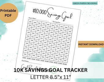 10,000 Dollar Savings Goal Tracker, Printable PDF
