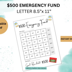 Puede incluir: Un rastreador de ahorro en PDF imprimible con el texto "$500 EMERGENCY FUND" y "LETTER 8.5" x 11". El diseño incluye una cuadrícula para rastrear los objetivos de ahorro, con cantidades de 10€ a 30€. Las palabras "Goal Reached! $500" también son visibles.