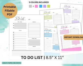 May include: A collection of printable To Do List templates in various colors, including pink, blue, and green. Each 8.5" x 11" sheet features sections for top tasks, schedule, to-dos, future tasks, and a tracker. The design includes the text "To Do List" and "Instant Download".