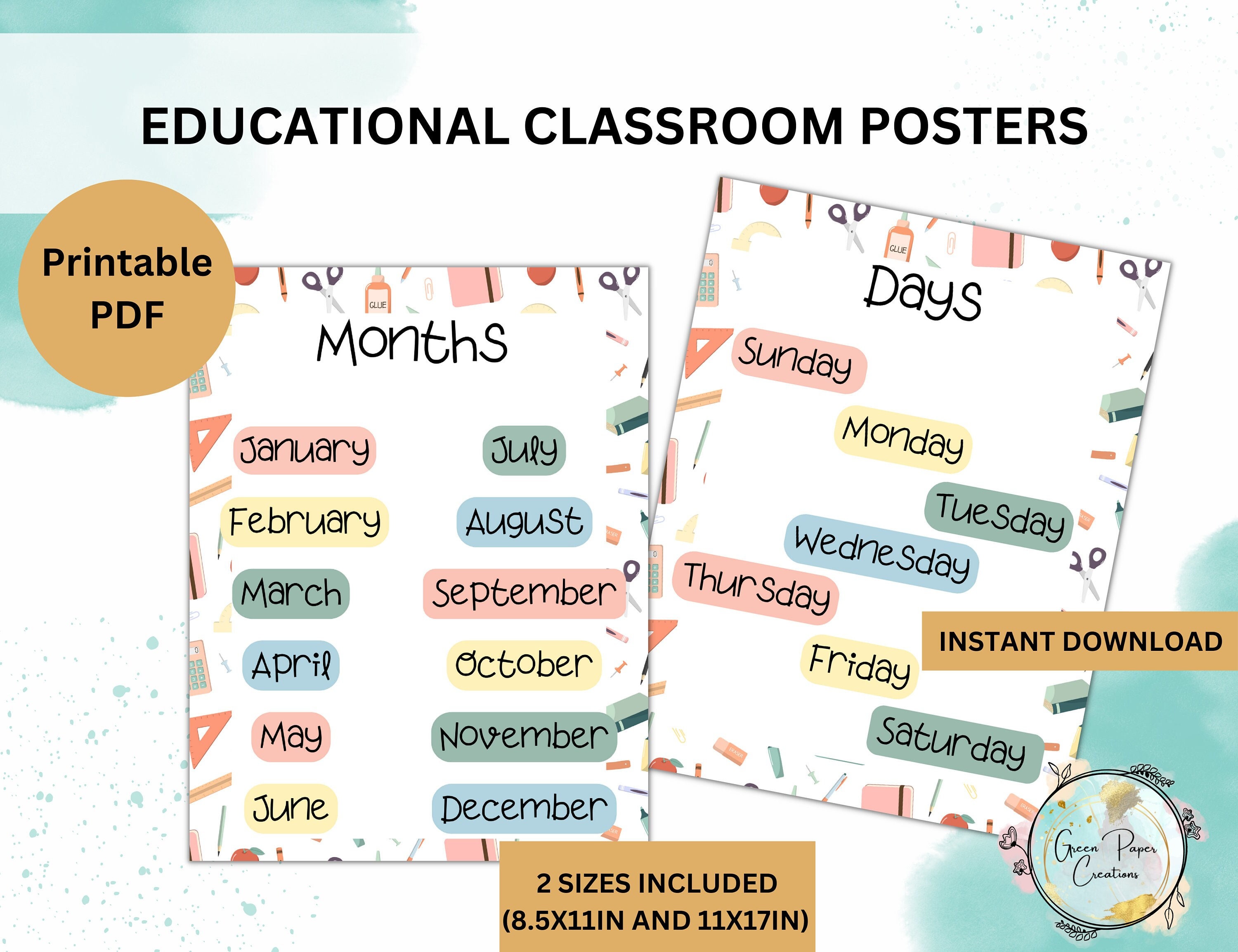 Months and Days Classroom Poster Set, Educational Wall Art (digital ...