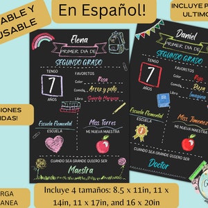 Cartões de fotos Primeiro e último dia de aula, Placa de volta às aulas em lousa, Primeiro e último dia de aula, Faixa da escola em espanhol