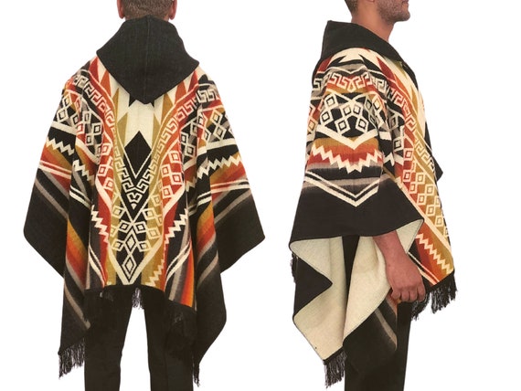 ALPACA Wool Poncho: Aztec Pattern Hooded Unique -
