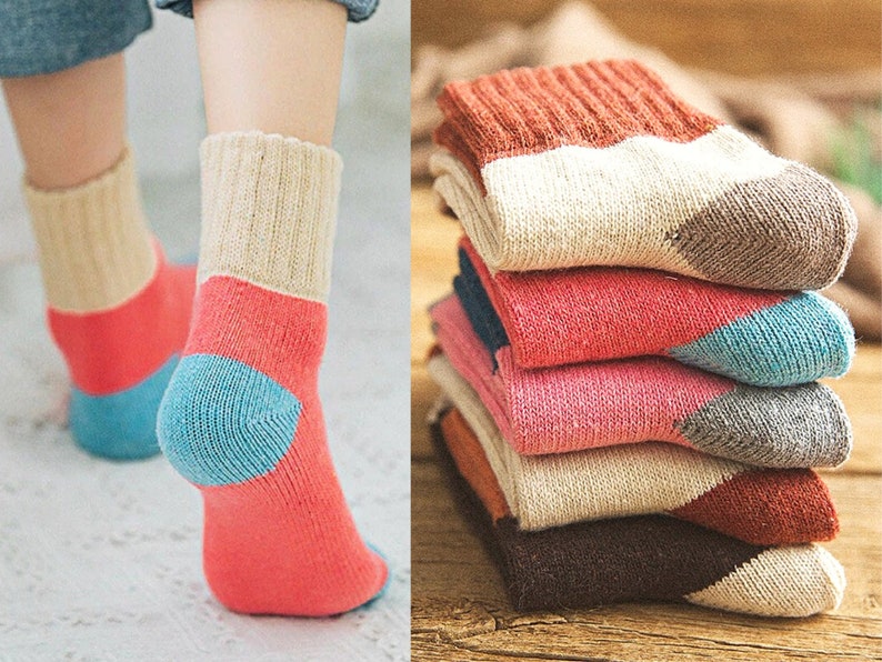 5 PAIRS of Wool Blend Socks. Vintage Style, Thick, Warm and Cozy Crew Socks. Perfect Gift for her 