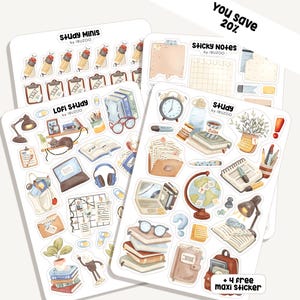Peut inclure: Ensemble d'autocollants sur le thème des études, avec des illustrations de crayons, de tests, de livres, d'ordinateurs portables et d'autres fournitures scolaires. Les autocollants sont étiquetés "Study Minis", "LOFI Study", "Sticky Notes" et "Study".