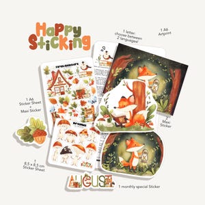 Peut inclure: Un ensemble de papeterie comprenant une impression d'art A6, des planches d'autocollants et des maxi autocollants illustrés à l'aquarelle de renards, champignons et une librairie forestière. Texte incluant Happy Sticking, Forest Bookstore, Shroomies et August.