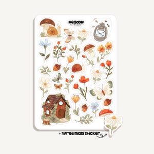 May include: A sticker sheet with nature-themed illustrations. Designs include mushrooms, snails, butterflies, flowers, a lantern, and a small house. The text "Meadow by IBUZOO" is visible. Includes a free maxi sticker.