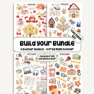 Könnte beinhalten: Eine Sammlung von Stickerbögen mit Themen wie Kirschen, Folklore, Lo-Fi-Studium und Filmabend. Der Text "Build your Bundle" ist zu sehen, zusammen mit einem Aufkleber "You save 20%". Die Sticker zeigen Illustrationen von Kirschen, Häusern und filmbezogenen Objekten.