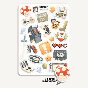 Hoja de pegatinas de gamer | Pegatinas de jugador | Bullet Journal - Álbum de recortes - Planificador - Decoración - Videojuegos - Retro