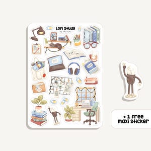 Hoja de pegatinas Lofi Study |  Pegatina Aprendizaje Cómodo | Bullet Journal - Álbum de recortes - Planificador - Decoración - Aprendizaje - Oficina - Estudio