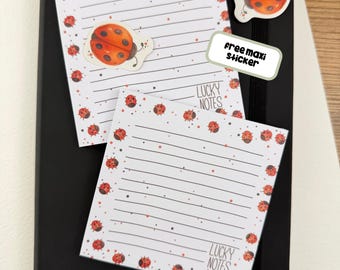Notepad Lucky Notes | Notizblock Glücksnotizen | 50 Blatt | Block Kinder - Einkaufszettel - To Do Liste - Memopad - Marienkäfer