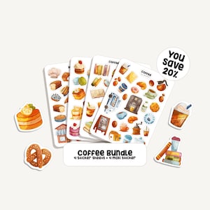 Set adesivi caffè | Caffè adesivo | 4 fogli di adesivi + 4 maxi adesivi | 89 adesivi | Bullet Journal - Agenda - Panetteria - Torta