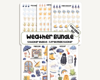 Set de pegatinas del tiempo | Pegatinas del tiempo | 5 hojas + pegatinas grandes | Bullet Journal - Planificador - Decoración - Lluvia - Sol