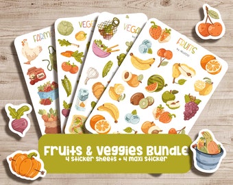 Sticker Set Fruits and Veggies | 4 sticker sheets + 4 maxi stickers | 91 stickers | Bullet Journal Stickers - Planner - Decoration