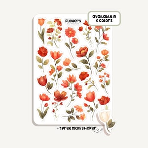 Puede incluir: Una hoja de pegatinas florales con varias flores de acuarela rojas y naranjas con tallos y hojas verdes. Las pegatinas están etiquetadas como "Flowers by IBUZOO" y están disponibles en 6 colores. Incluye una pegatina maxi gratis.