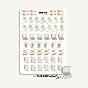 Puede incluir: Una hoja de pegatinas con varias ilustraciones para la planificación. Incluye lápices, blocs de notas, ordenadores portátiles, tazas de café con el texto "Meeting Fuel" e iconos de teléfono. La hoja también tiene una pegatina extra de ordenador portátil.