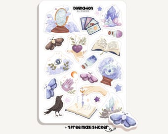 May include: A sticker sheet featuring watercolor illustrations of divination-themed objects. The sheet includes a mirror, tarot cards, crystals, a book, a crystal ball, moths, a raven, and a hand holding a crescent moon. The text "Divination by IBUZOO" is at the top.