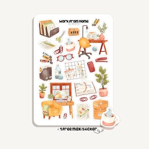 Könnte beinhalten: Ein Stickerbogen mit Aquarellillustrationen von Homeoffice-Artikeln. Das Design umfasst einen Schreibtisch, einen Stuhl, einen Computer, Pflanzen und Schreibwaren. Der Text "Work From Home" steht oben, darunter "by IBUZOO". Enthält einen kostenlosen Maxi-Aufkleber.