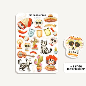Folha de autocolantes Dia de Muertos | Adesivo Dia de Muertos | Bullet Journal - Scrapbook - Planner - Decoração - Festival - Esqueleto