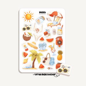 Op de afbeelding: Een stickervel met strandthema-illustraties. Bevat een zon, zonnebrillen, een kokosdrankje, een bikini, watermeloenpartjes, een strandstoel met parasol, een ananas en een radio. De tekst "Beach by IBUZOO" is zichtbaar.