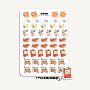 Könnte beinhalten: Ein Stickerbogen mit Aquarellillustrationen zum Thema Backen. Der Bogen enthält Bilder von Keksen, Rührschüsseln, Utensilien, Nudelrollen, Rezeptbüchern und Öfen. Der Text "Baking" und "Granny's Recipes" sind sichtbar.