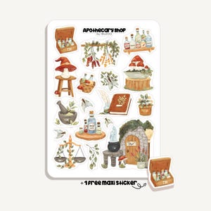 Puede incluir: Una hoja de pegatinas con ilustraciones de temática de boticario. Incluye imágenes de botellas de pociones, setas, un mortero y una maja, una balanza, un sombrero de bruja y una pequeña puerta de madera. El texto "APOTHECARY SHOP" está en la parte superior.