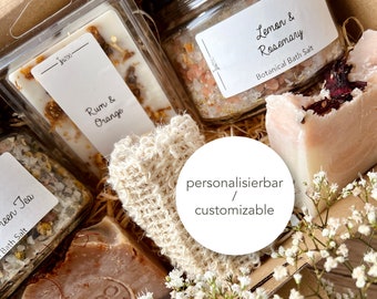 Geschenkbox personalisierbar Seife Badesalz Wachs Melts - Bio, Vegan, Handgemacht - Zero Waste, Gastgeschenk, Ritualsalz, Badezusatz