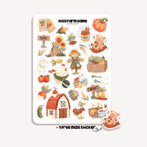 May include: A sticker sheet featuring farm-themed illustrations. The sheet includes images of a pumpkin, pig, corn, carrots, a scarecrow, a barn, and the text "Cozy Farm Game by IBUZOO". There is also a bonus sticker.