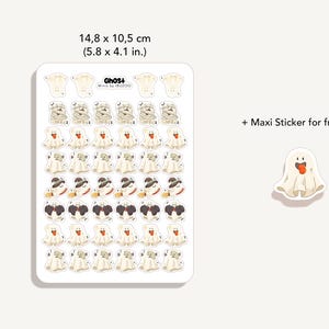 May include: A sheet of Halloween-themed stickers featuring various ghost designs, measuring 5.8 x 4.1 inches. The stickers include ghosts with different expressions and costumes. A free maxi sticker is also included.