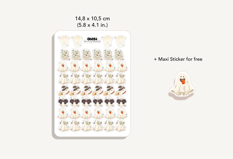 May include: A sheet of Halloween-themed stickers featuring various ghost designs, measuring 5.8 x 4.1 inches. The stickers include ghosts with different expressions and costumes. A free maxi sticker is also included.