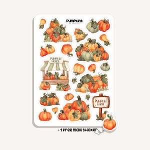 May include: A sticker sheet with watercolour illustrations of pumpkins in orange, green, and yellow. The sheet includes pumpkins of different sizes, a pumpkin house, and a pumpkin farm sign. Text on the sheet reads "Pumpkins by IBUZOO" and "+1 free maxi sticker."
