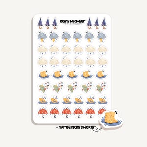 Könnte beinhalten: Ein Bogen mit Aufklebern zum Thema Wetter mit Regenschirmen, Wolken, Blitzen, Gummistiefeln und Booten. Die Aufkleber sind in verschiedenen Farben gehalten, darunter Blau, Gelb und Rot. Der Text "Rainy Weather" und "Minis by IBUZOO" ist oben aufgedruckt.