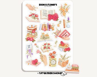 Planche d'autocollants Livres et Fleurs | Autocollants pour livres et fleurs | Bullet Journal - Scrapbooking - Agenda - Décoration - Lecture