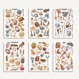 Op de afbeelding: Zes sticker vellen met fantasy RPG klasse thema's: Artificer, Barbarian, Blacksmith, Blood Hunter, Cleric en Bard. Elke vel heeft een witte achtergrond en is gevuld met kleurrijke illustraties van klasse gerelateerde items.