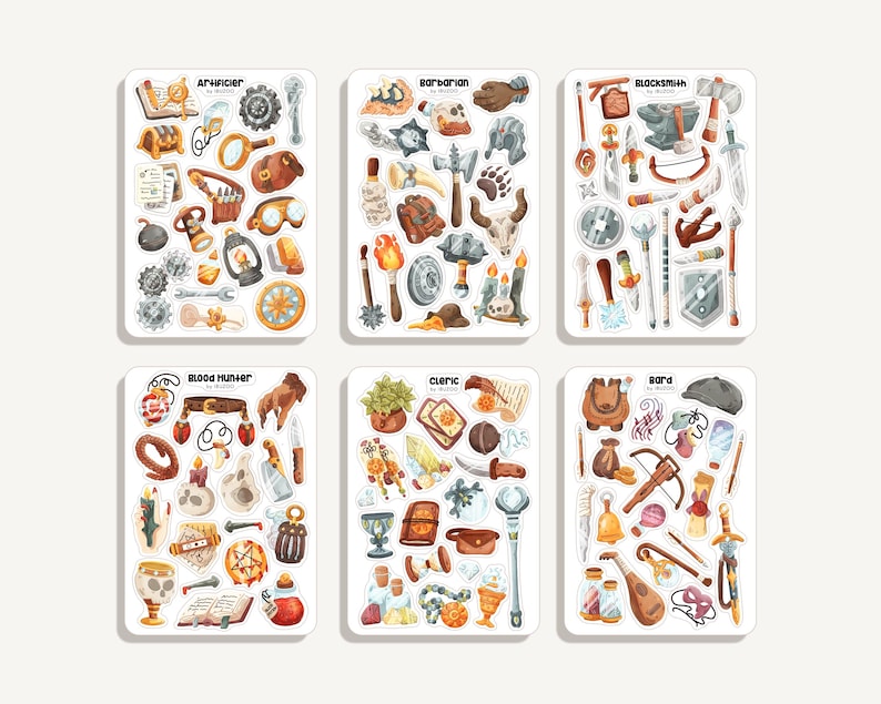 Op de afbeelding: Zes sticker vellen met fantasy RPG klasse thema's: Artificer, Barbarian, Blacksmith, Blood Hunter, Cleric en Bard. Elke vel heeft een witte achtergrond en is gevuld met kleurrijke illustraties van klasse gerelateerde items.