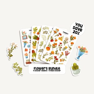 Set adesivi Fiori | Fiori adesivi | 4 fogli di adesivi + 4 maxi adesivi | 82 adesivi | Bullet Journal - Pianificatore - Decorazione - Piante