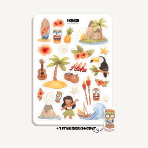 Peut inclure: Une planche d'autocollants présentant diverses illustrations tropicales dont une planche de surf, des masques tiki, un ananas, des palmiers, des fleurs d'hibiscus, un toucan, une danseuse de hula, un volcan, un voilier et le texte Hawaii by IBUZOO et Aloha.