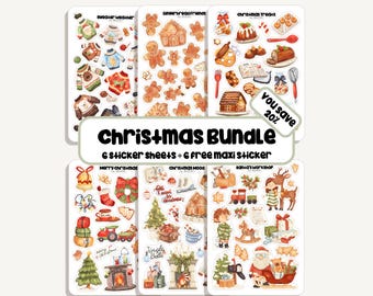 May include: A collection of Christmas-themed sticker sheets. The sheets feature various festive designs, including gingerbread men, sweaters, Christmas treats, and Santa's workshop. The text "Christmas Bundle" and "You save 20%" are also visible.