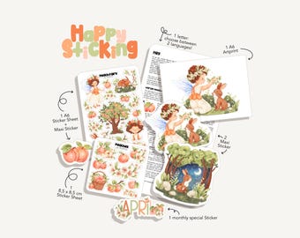 Happy Sticking | Peach Fairy | April 2026 - Bullet Journal - Stickersheet - Snail Mail - Mail Club - Pfirsich - Obst - Fee - Elfe
